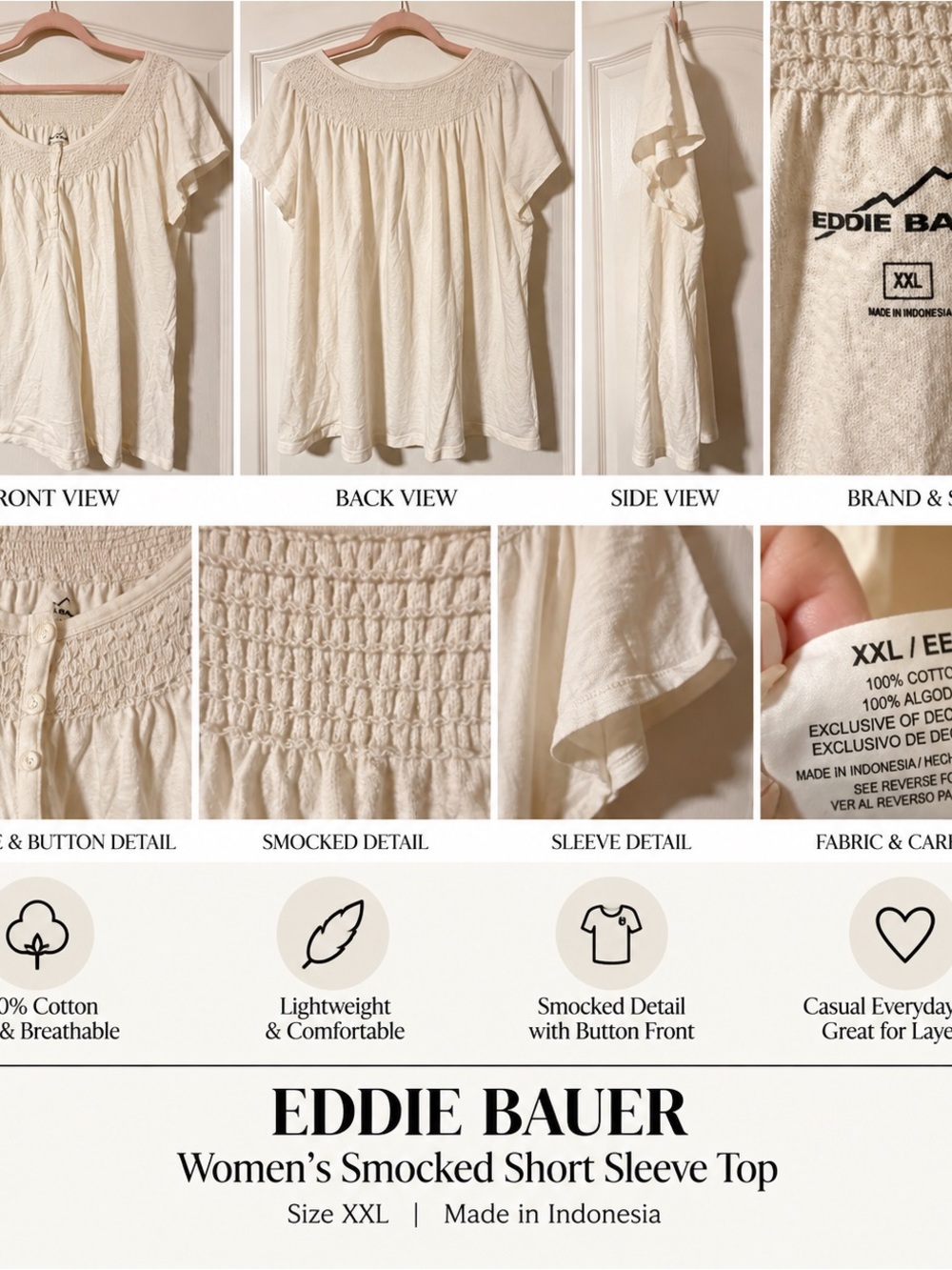 Eddie Bauer Cream Smocked Short Sleeve Cotton Top